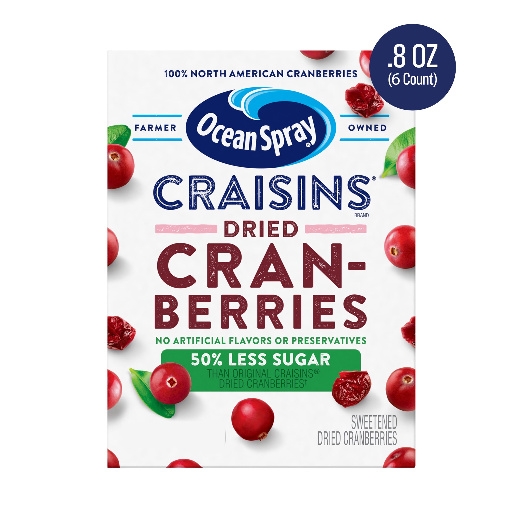 (5 pack) Ocean Spray® Craisins®, 50% Less Sugar Dried Cranberries, Dried Fruit, 8 oz Pouches, 6 Count