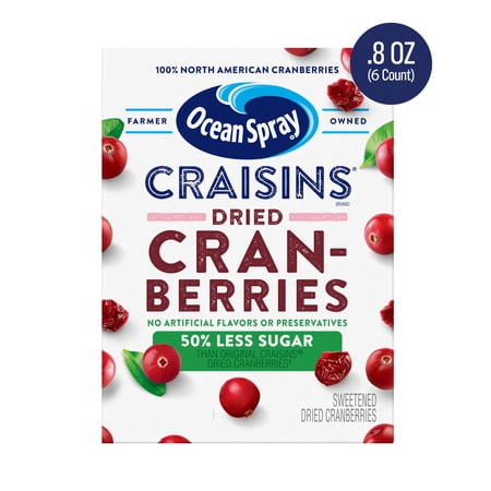 Ocean Spray® Craisins®, 50% Less Sugar Dried Cranberries, Dried Fruit, 8 oz Pouches, 6 Count