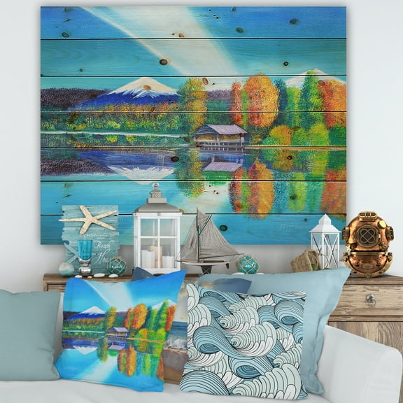Designart 'Reflection Of Mountain and Sky On The Lake Water' Nautical & Coastal Print on Natural Pine Wood