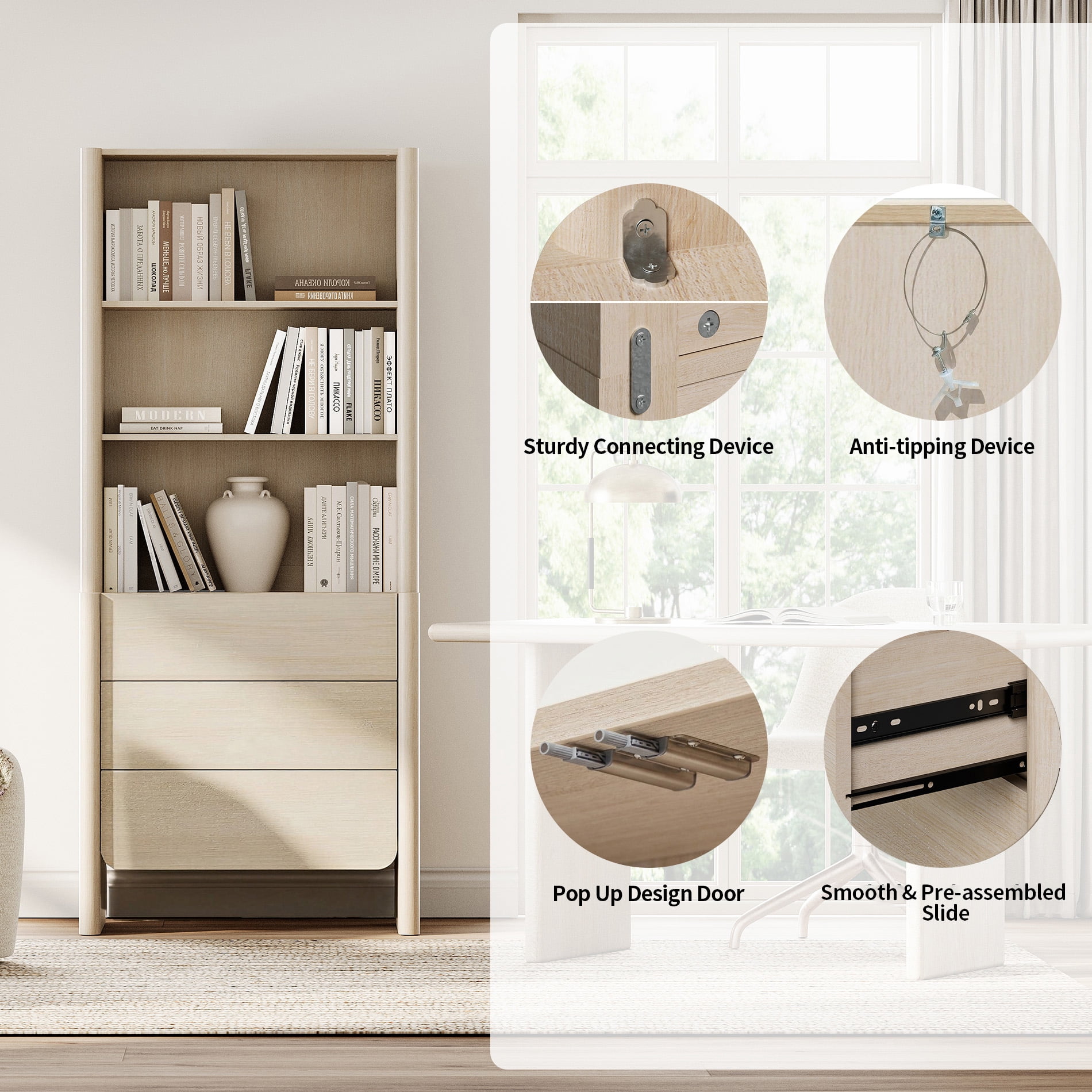 63-Inch Modern French Bookcase with Curved Edges, 6 Drawers and Open Shelving, 72.8" Tall, Beige