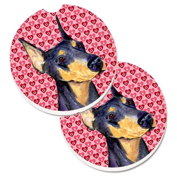 Doberman Hearts Love & Valentines Day Portrait Set of 2 Cup Holder Car Coaster