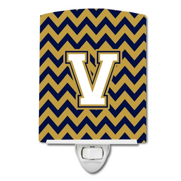 Caroline's Treasures CJ1057-VCNL Letter V Chevron Navy Blue and Gold Ceramic Night Light, 6x4x3", multicolor