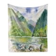 thumbnail image 1 of Fine Art Soft Flannel Fleece Throw Blanket, Summer River Surrounded by Tree Forest Lake Bush Foliage Serenity, Cozy Plush for Indoor and Outdoor Use, 50" x 60", Green Purple and White, by Ambesonne, 1 of 6