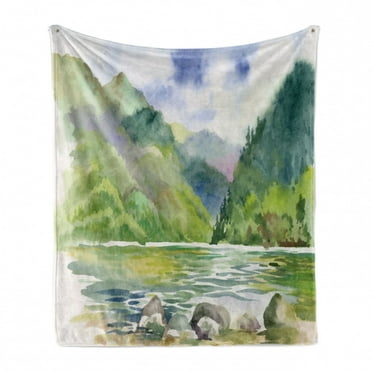 Fine Art Soft Flannel Fleece Throw Blanket, Summer River Surrounded by Tree Forest Lake Bush Foliage Serenity, Cozy Plush for Indoor and Outdoor Use, 70" x 90", Green Purple and White, by Ambesonne