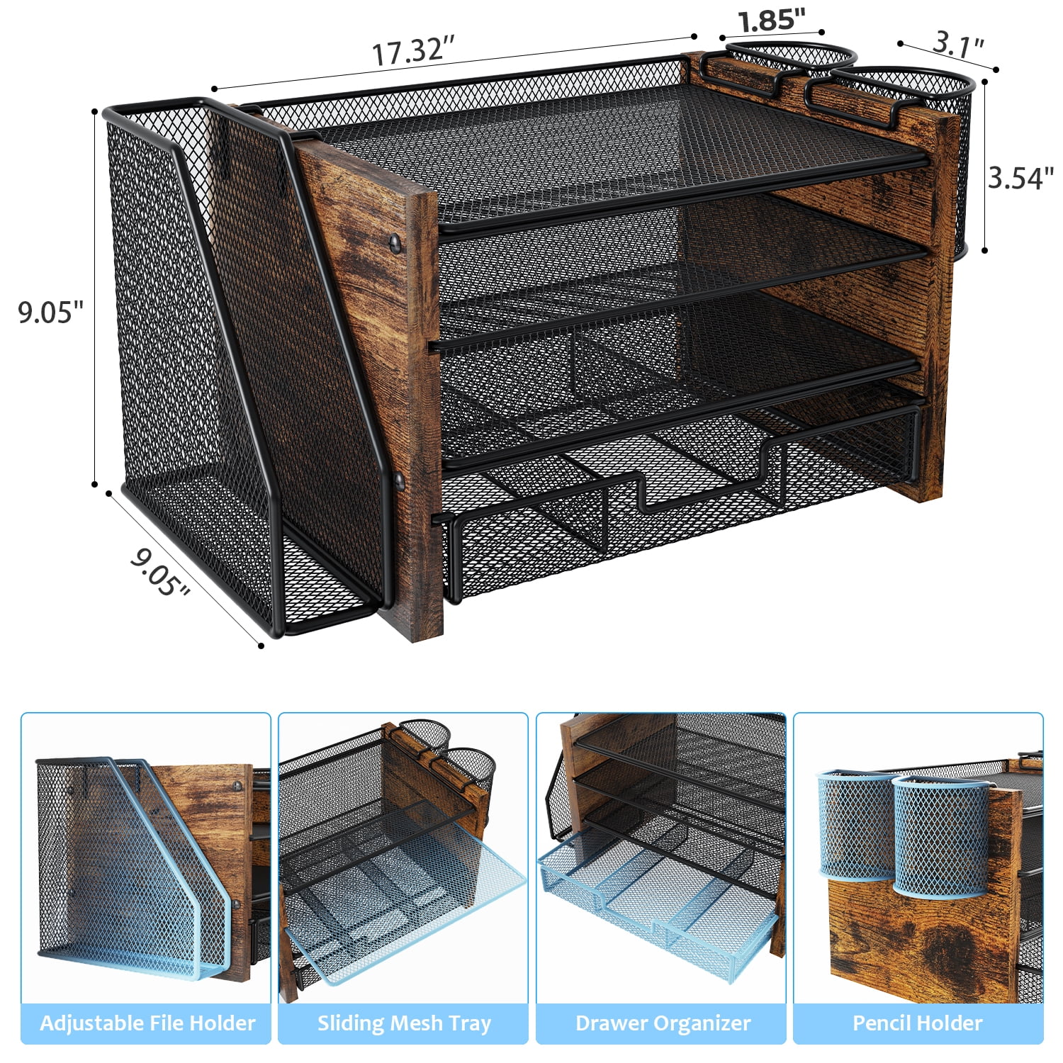 MEHOOM 4-Tier Wooded Desk Organizer Sets, Desktop File Organizer with Drawer and Pencil Holders for Office, Dorm Desktop Setup, Classroom Desk Accessories & Workspace Organizers