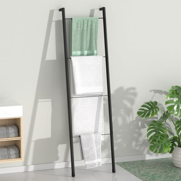 Pickpiff Black Metal Blanket Ladder - Free Standing Wall Leaning Ladder Towel Rack for Decorative Bathroom, Living Room, Kitchen, Holder for Towels, Blankets, Quilts(4-Tiers, Black)