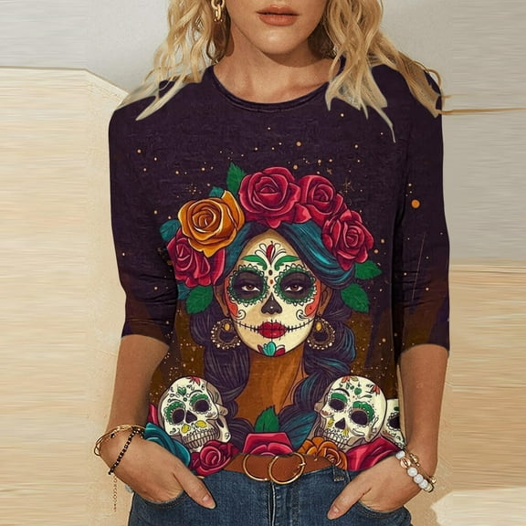 Hueook Long Sleeve Shirts for Womens T Shirts Ladies' Day Of The Dead Printed Round Neck Three Quarter Sleeve 3/4 Sleeve T-shirt Loose Top Long Sleeved Round Neck Top/shirt Multicolor 4X