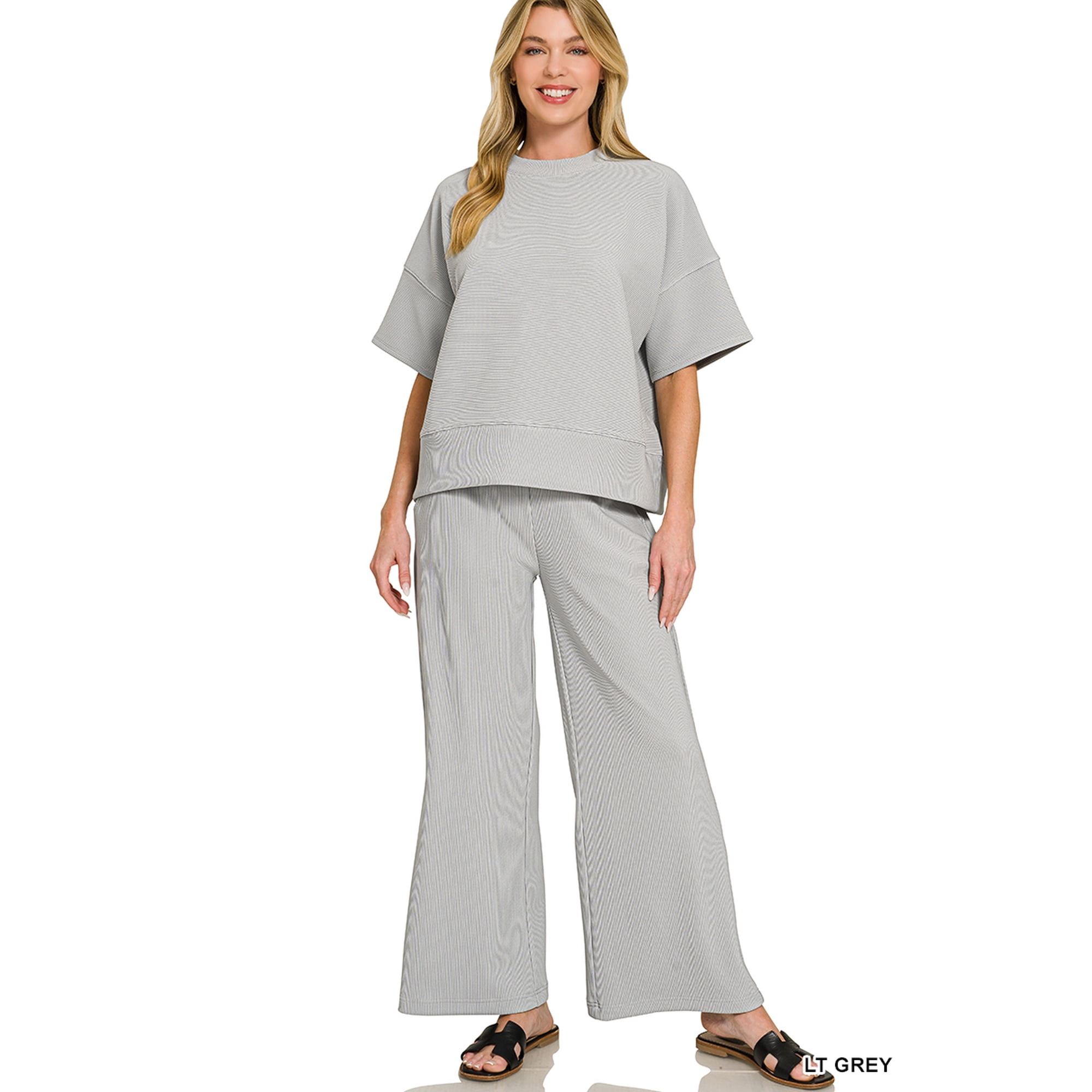 Zenana Women's Ribbed Round Neck Short Sleeve Tee & Wide Leg Pants Set