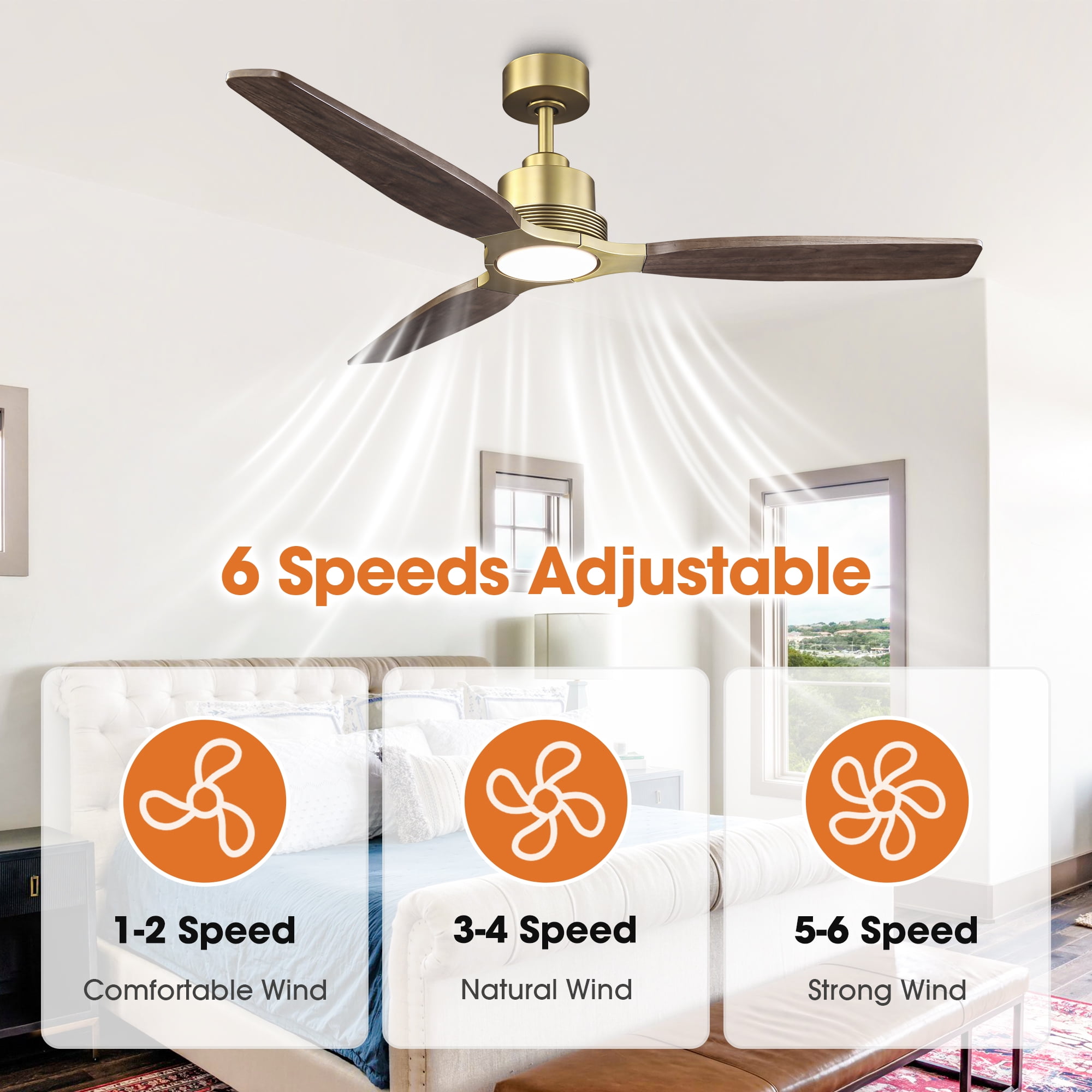 Parrot Uncle Modern 56" Brass Solid Wood Propeller LED Ceiling Fan with Remote Control, DC Motor, Living Room Ceiling Fan