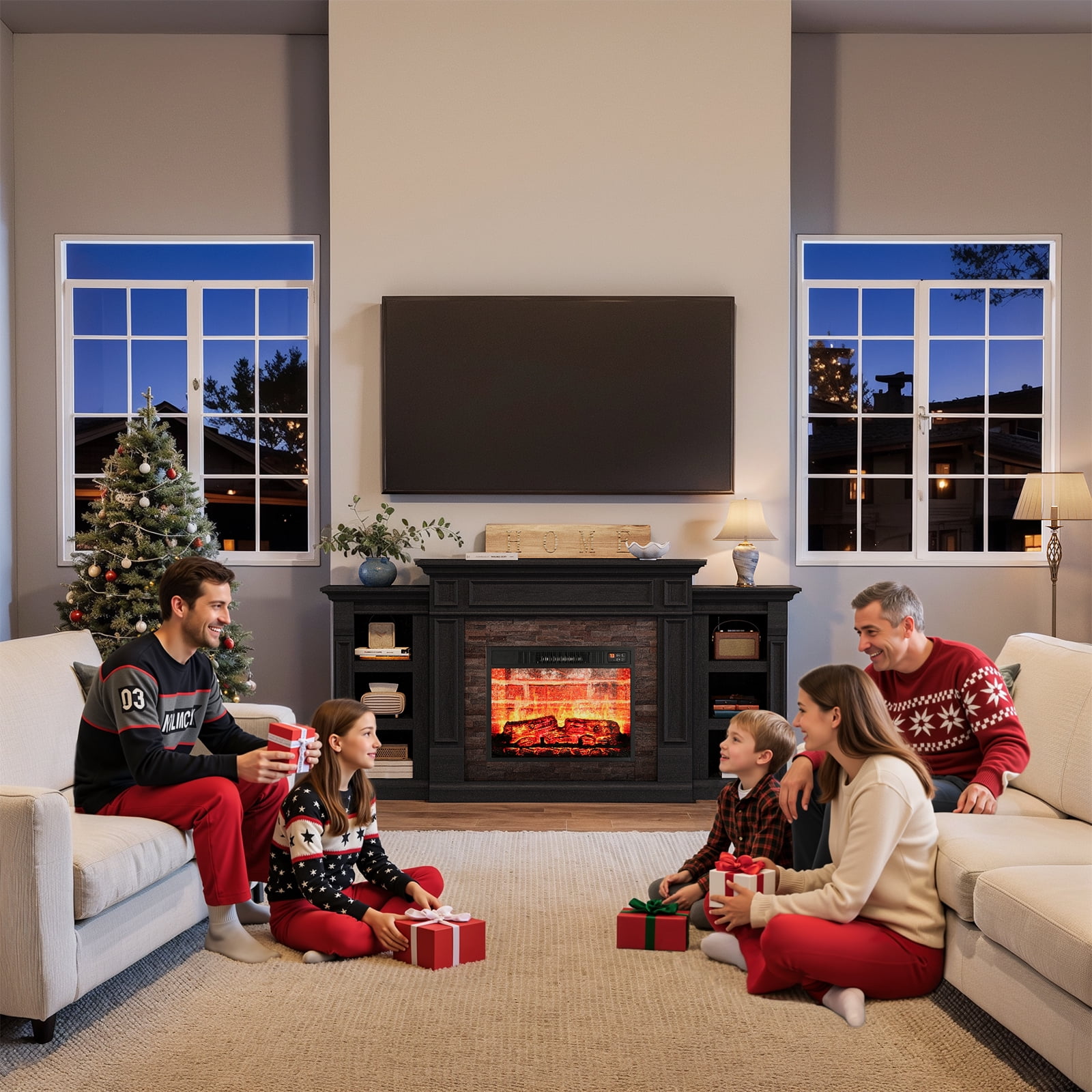 LGHM 72" Electric Fireplace TV Stand for 80 inch TV, Freestanding 23" Fireplace Heater with Mantel for Living Room, Bedroom, Red Brick, Black