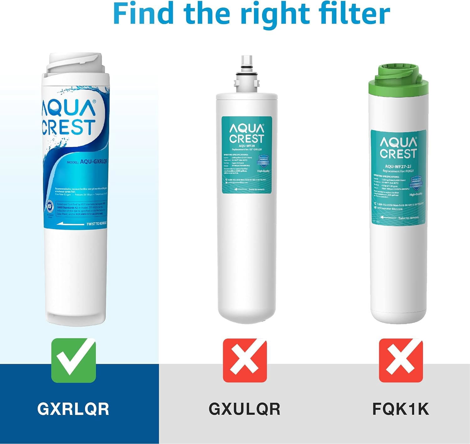 AQUA CREST GXRLQR Undersink Inline Water Filter, Replacement for GE SmartWater Twist and Lock in-Line GXRLQR Water Filter, NSF 53&42 Certified, Reduces Chlorine, Taste&Odor, 3 Pack