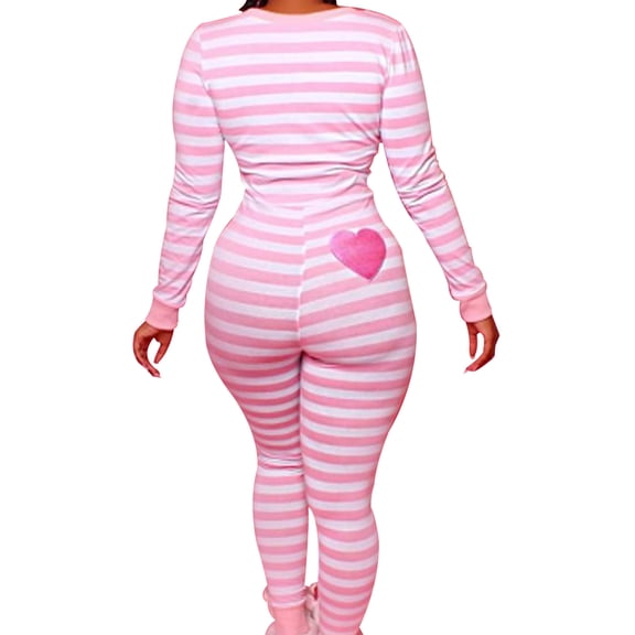 HYwys Women Sleepwear Romper Jumpsuit Stripe V-Neck Long Sleeve One Piece Bodysuit Lounge Pajamas Pink XL