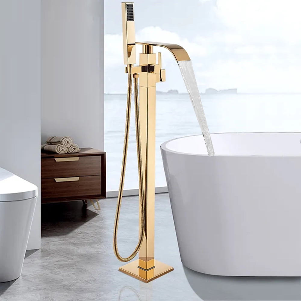 Gold Freestanding Bathtub Faucet Tub Filler Floor Mounted Hand Shower Mixer