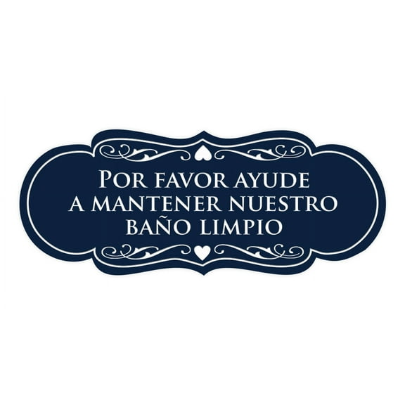 Designer Spanish Por favor ayude a mantener nuestro ba?o limpio Sign (Navy Blue / White) - Large