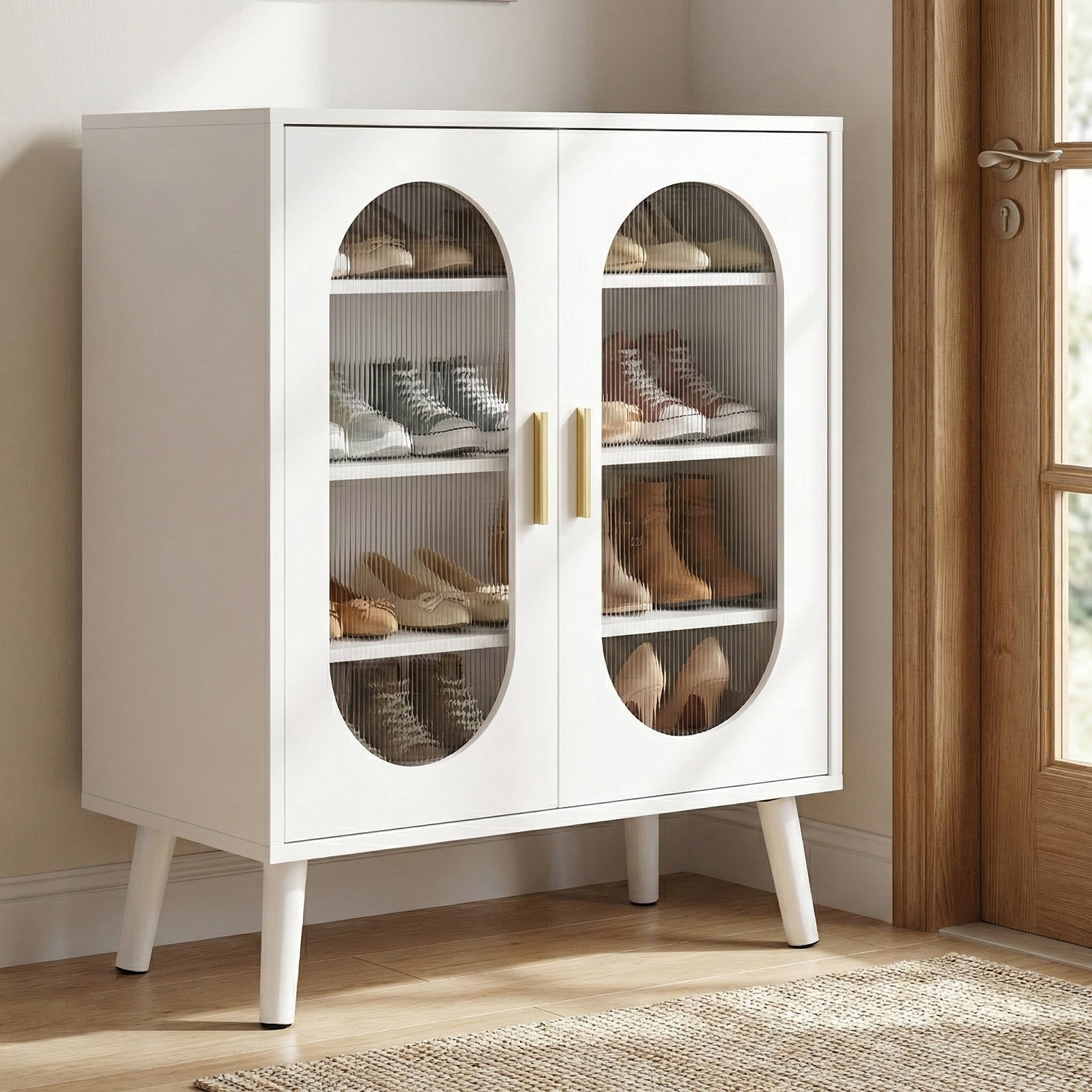 Shoe Cabinet with USB LED Light Strip 24-Key Remote Adjustable Shelves Polycarbonate Doors High Feet Entryway Storage Organizer