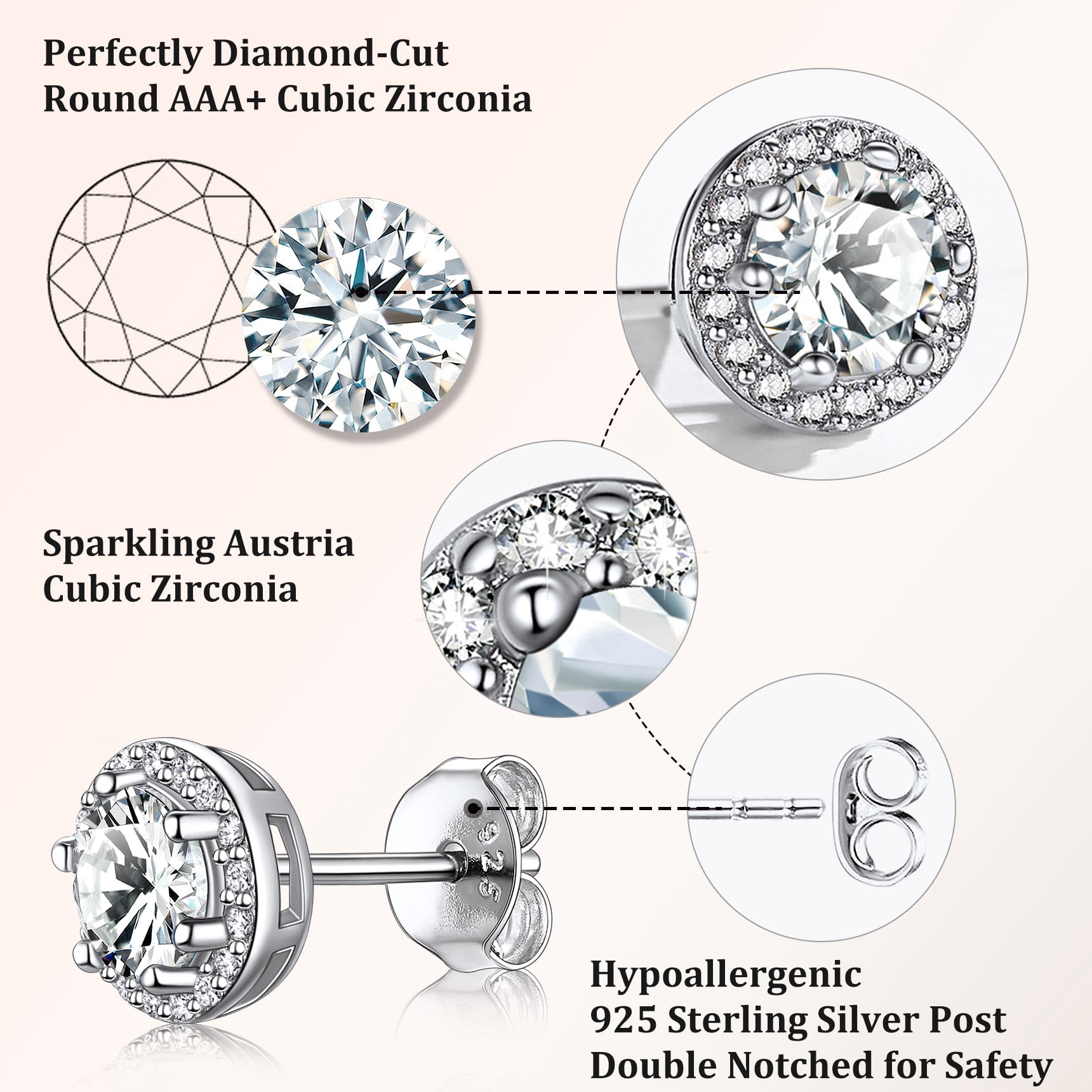 Bestyle Pure 925 Sterling Silver Birthstone Stud Earrings Round Synthetic Clear Quartz Diamond Studs Earrings Women Birthday Graduation Gifts April
