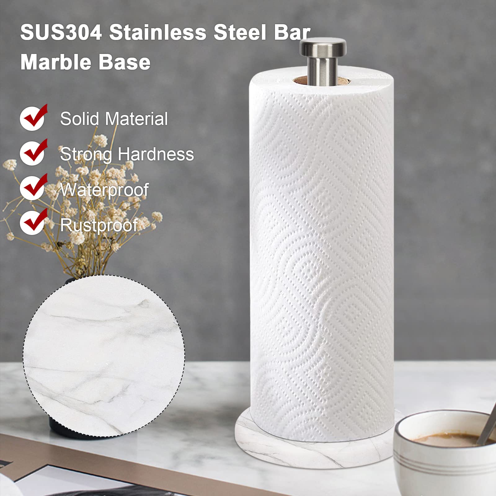 Standing Paper Towel Holder  Kitchen Tissue Holder- For Bathroom Countertop Standard Or Jumbo-sized Roll (with Marble Base Brushed Nickel)
