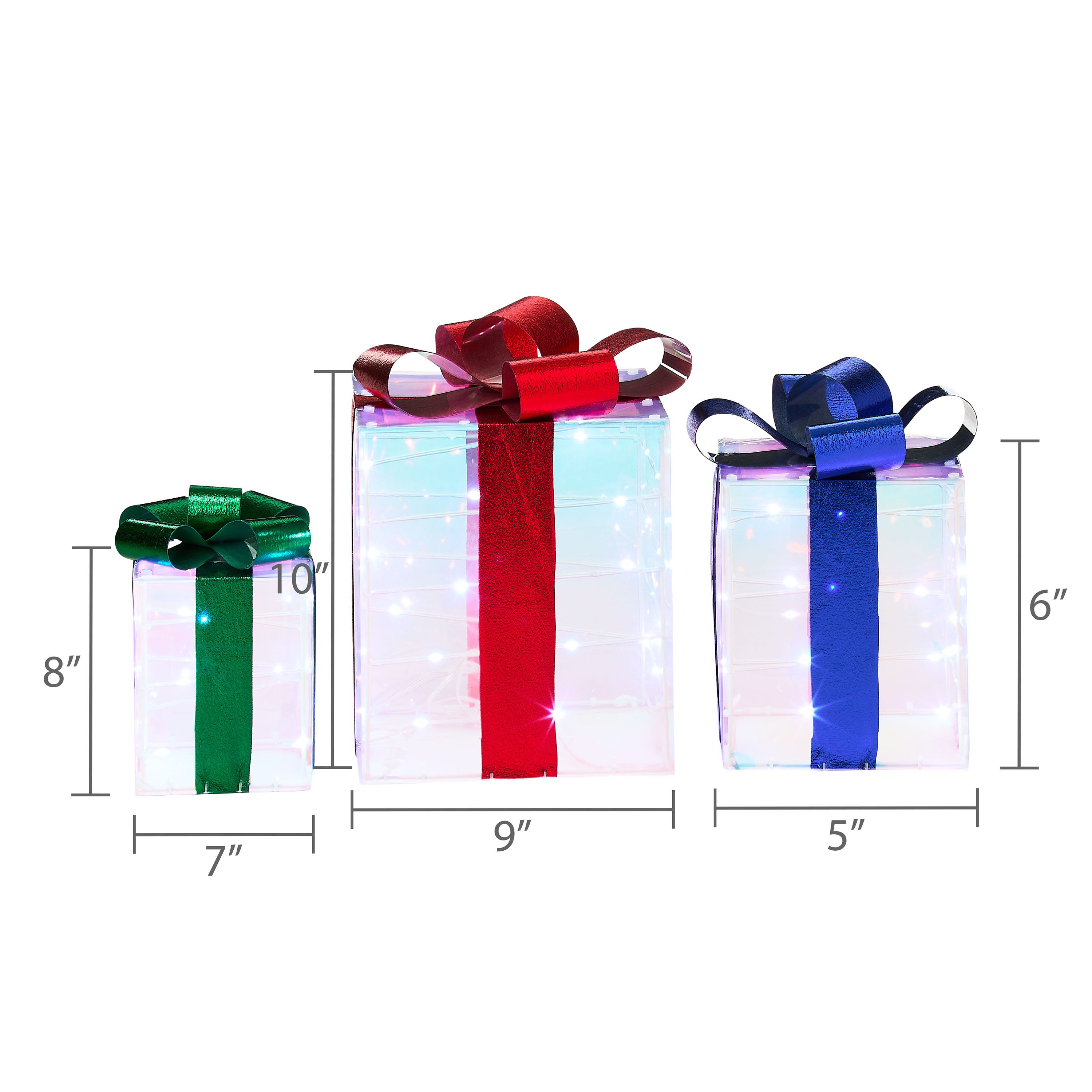 Indoor/Outdoor Light-Up Prismatic Gift Boxes Christmas Decoration with 80 LED Lights, Cool White, Set of 3, by Holiday Time