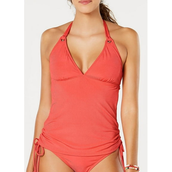 Hula Honey RED Juniors' Shimmer Rib Halter Tankini Swim Top, US X-Small