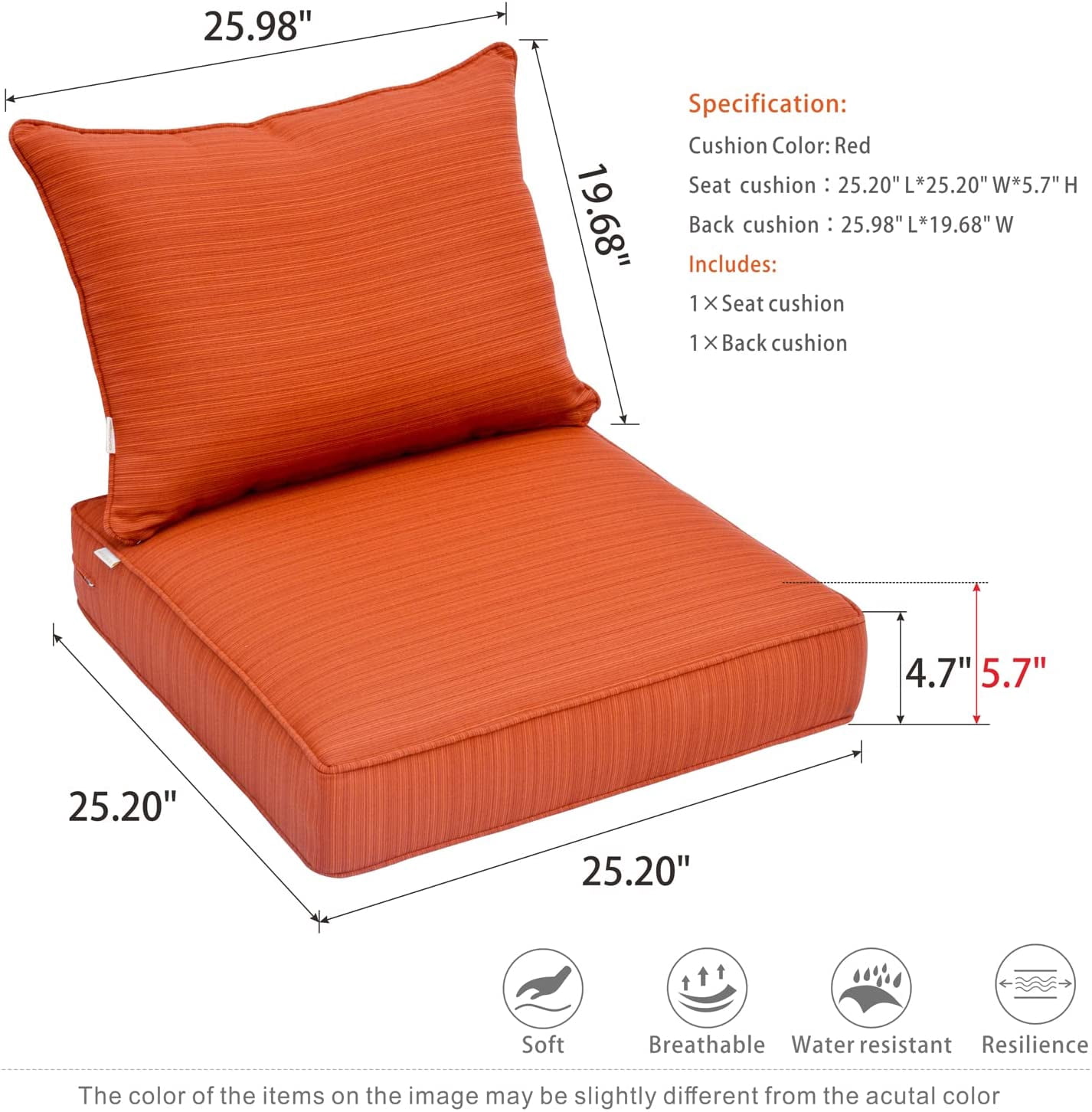 Ovios Back and Seat Cushion Set for Outdoor Furniture, 2-Piece Replacement Cushions for Deep Seating Patio Chair, Outside Pads for Porch, Deck and Garden Seats
