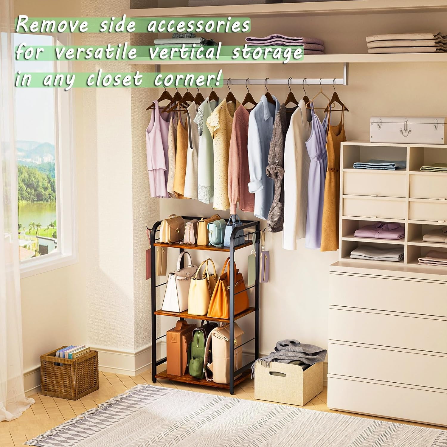 Iron & Wood 3-Tier Floor Purse Rack - Adjustable Feet, High Capacity Bag Organizer