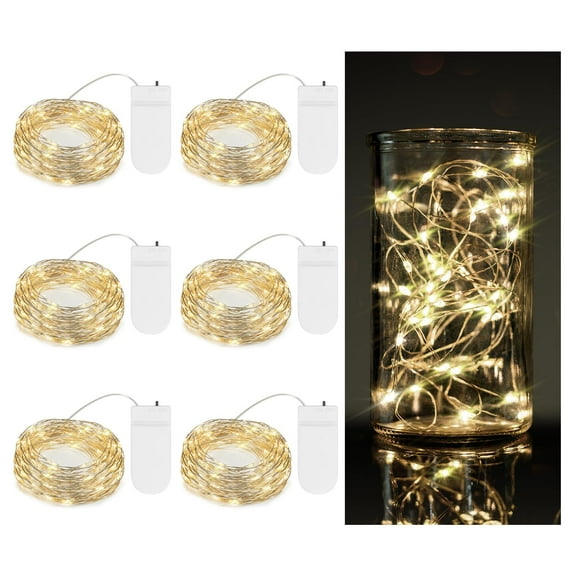 6 Pack Waterproof Fairy Lights Battery Powered 7.2 ft 20 LED Silvery Copper Wire String Lights for Wedding Bedroom Party Christmas Indoor Outdoor Decor Warm White Beige