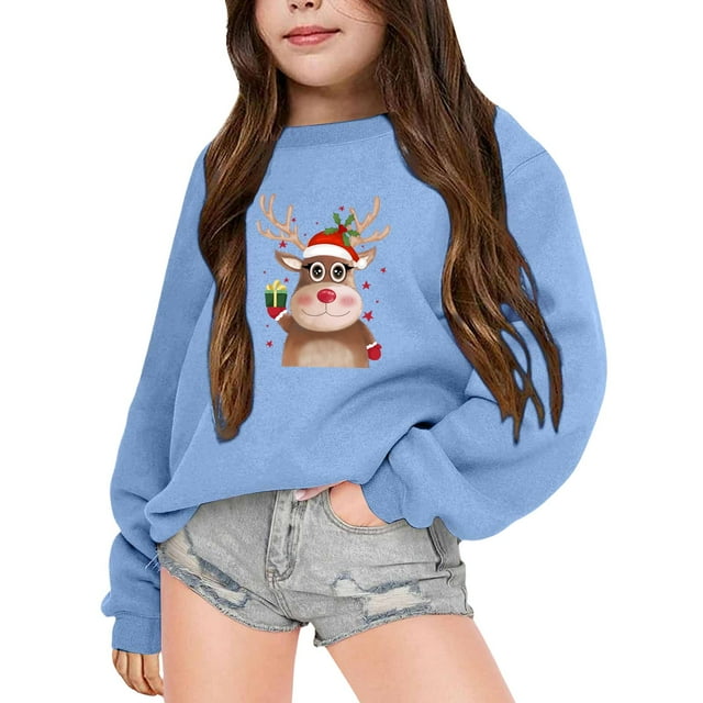 AJIWYH Chandails en Molleton pour Adolescentes Enfants Automne et Hiver Manches Longues Imprimé de Noël Col Rond Chandail à Capuchon pour Garçons et Filles Plus Chandail à Capuchon Chaud Manteau Mode Filles Bleu, 6-7 Ans