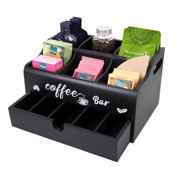 WSNIJFU Coffee Station Organiser Wooden Coffee Bar Accessories Organiser with Drawers Coffee Storage Box for home office,Black