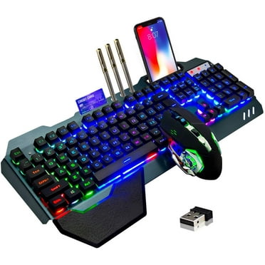 Wireless Gaming Keyboard and Mouse,Rainbow Backlit Rechargeable Keyboard Mouse with 3800 Battery Metal Panel,Removable Hand Rest Mechanical Feel Keyboard and 7 Color Gaming Mute Mouse for PC Gamers