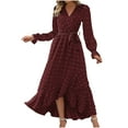thumbnail image 2 of qolati Women Fall Dresses 2024 Long Sleeve V Neck Swissdots Flowy Boho Maxi Dress Elegant High Waisted A-Line Ruffle Slit Party Wedding Dress, 2 of 7