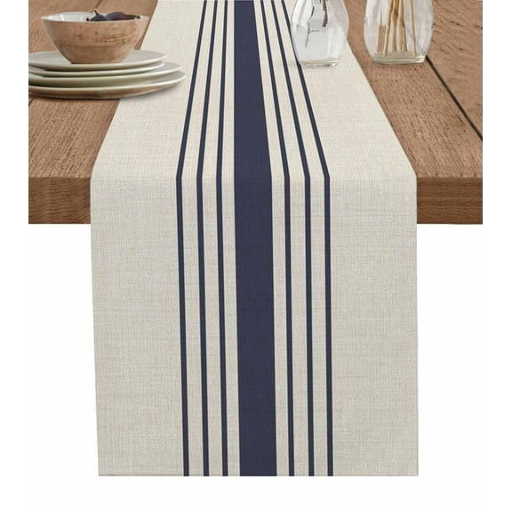 Midnight Blue Striped Burlap Cotton Table Runner 18x72 Inches Long, Beige Geometric Modern Art Farmhouse Table Runners, Outdoor Dining Tablecloths Decor for Baby Shower/Party/Wedding