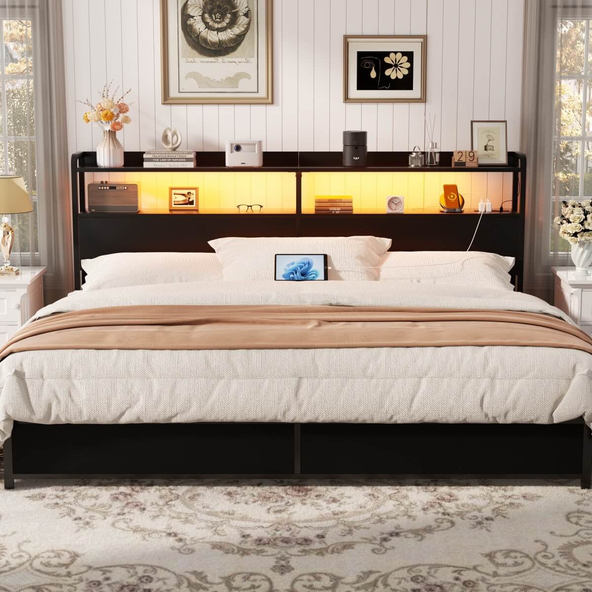 Homieasy Headboard for King Size Bed Frame, Headboards with Outlets, USB Ports and LED Light, Head Board with Storage, Height Adjustable, Sturdy and Stable Headboard, Black