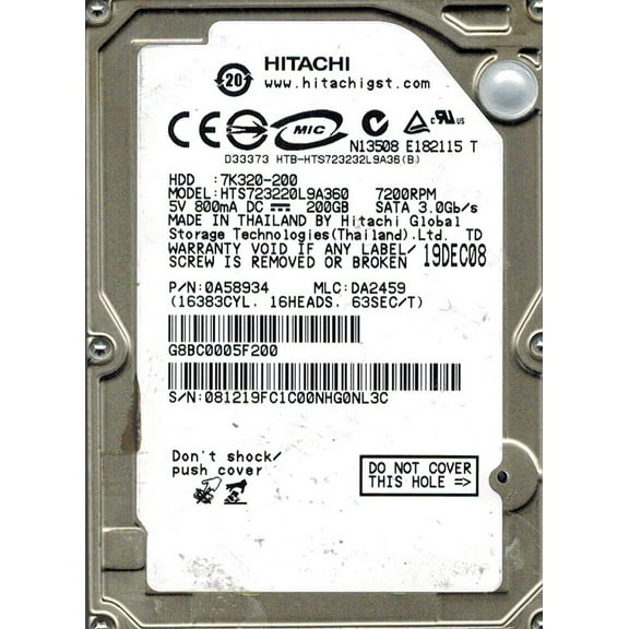 Hitachi HTS723220L9A360 P/N: 0A58934 MLC: DA2459 200GB