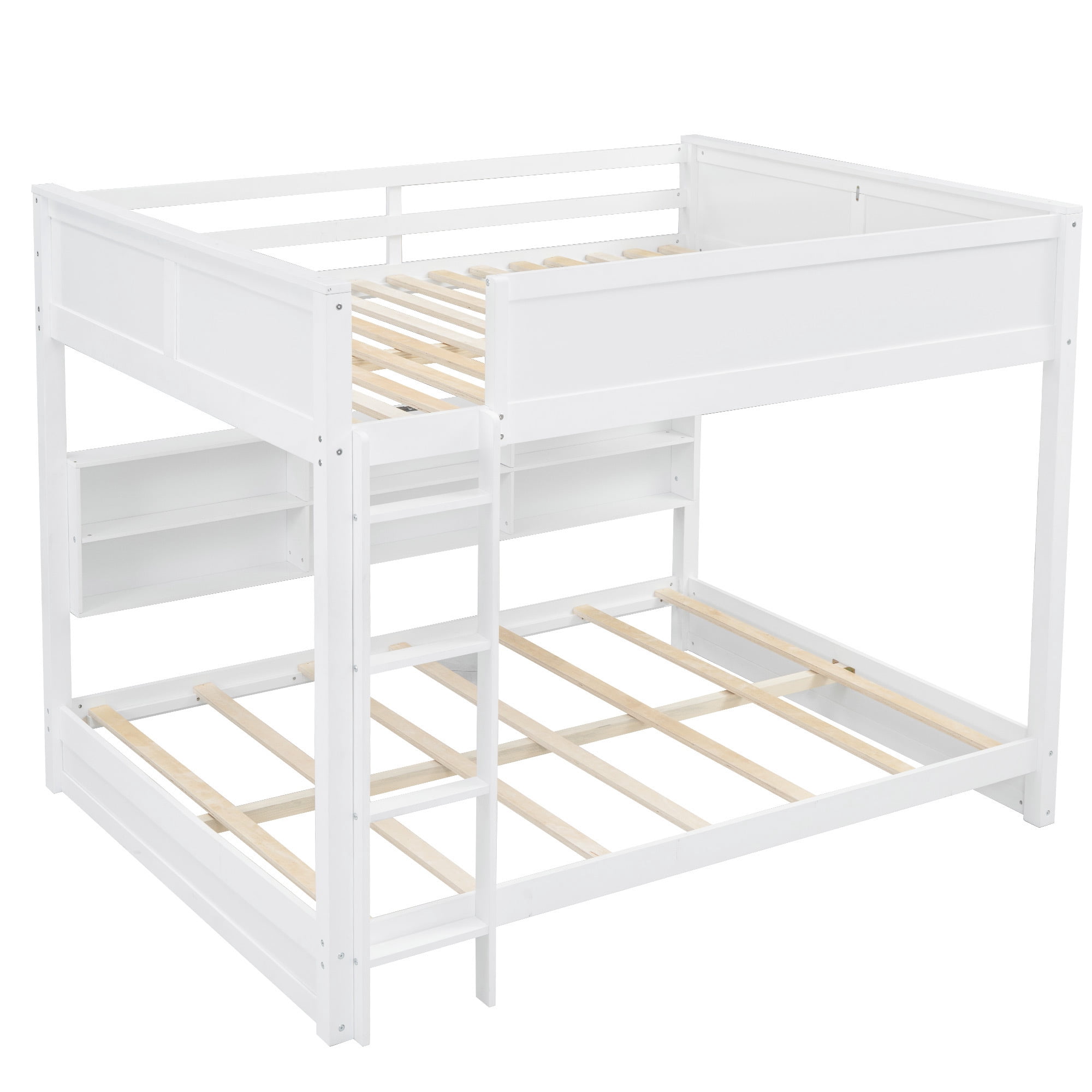 Queen over Queen Size Bunk Bed with Bookshelves, Solid Wood Queen Size Bunk Beds with USB Ports and Ladder for Kids Teens Adults, No Box Spring Needed