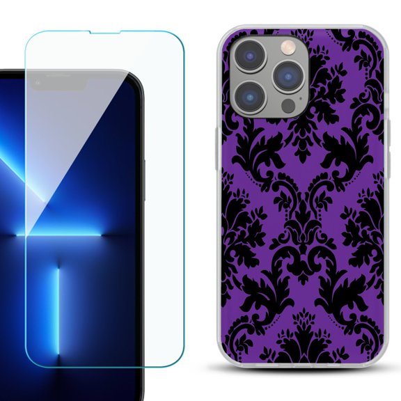 Slim-Fit Gel TPU Phone Case for iPhone 14 Pro Max, with Tempered Glass Screen Protector, by OneToughShield ® - Victorian Purple/Black