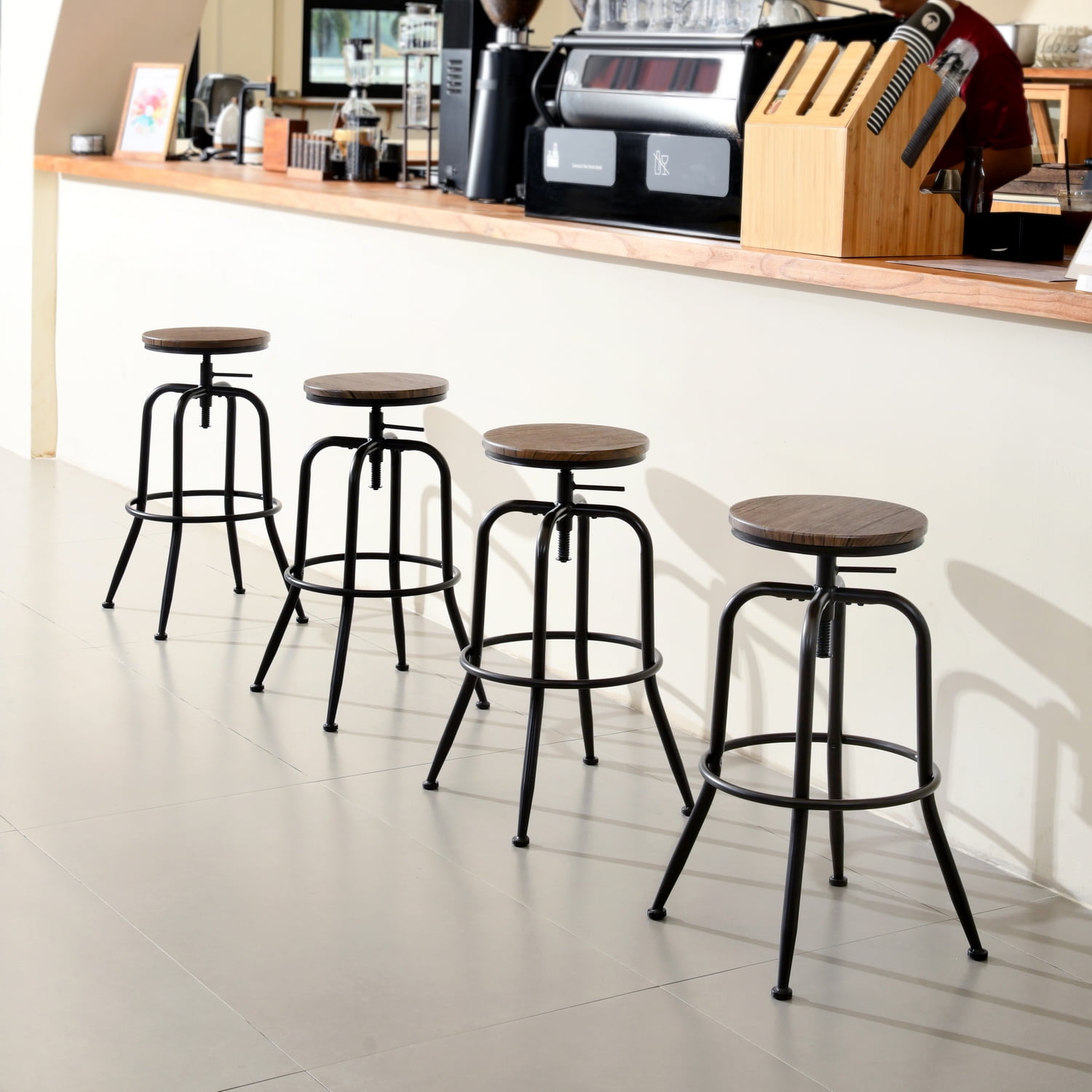 Homy Casa Swivel Bar Stools Set of 4, Adjustable Height Wooden Top Counter Barstools for Bistro Dining Kitchen Island, Walnut