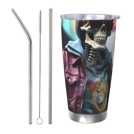 

Junzan Skeleton Cool Street Fashion for 20oz Stainless Steel Insulated Car Cup with Spillproof Lid - Insulated Coffee Mug Thermal Cup-Straw Three-piece Set