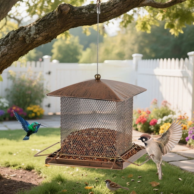 Comedero Colgante para Colibríes de Exterior, Construcción Metálica Resistente, Elegante Color Cobre Antiguo, con Sistema de Alimentación Integrado, Resistente a La Intemperie, Atrae a Diversas Espec