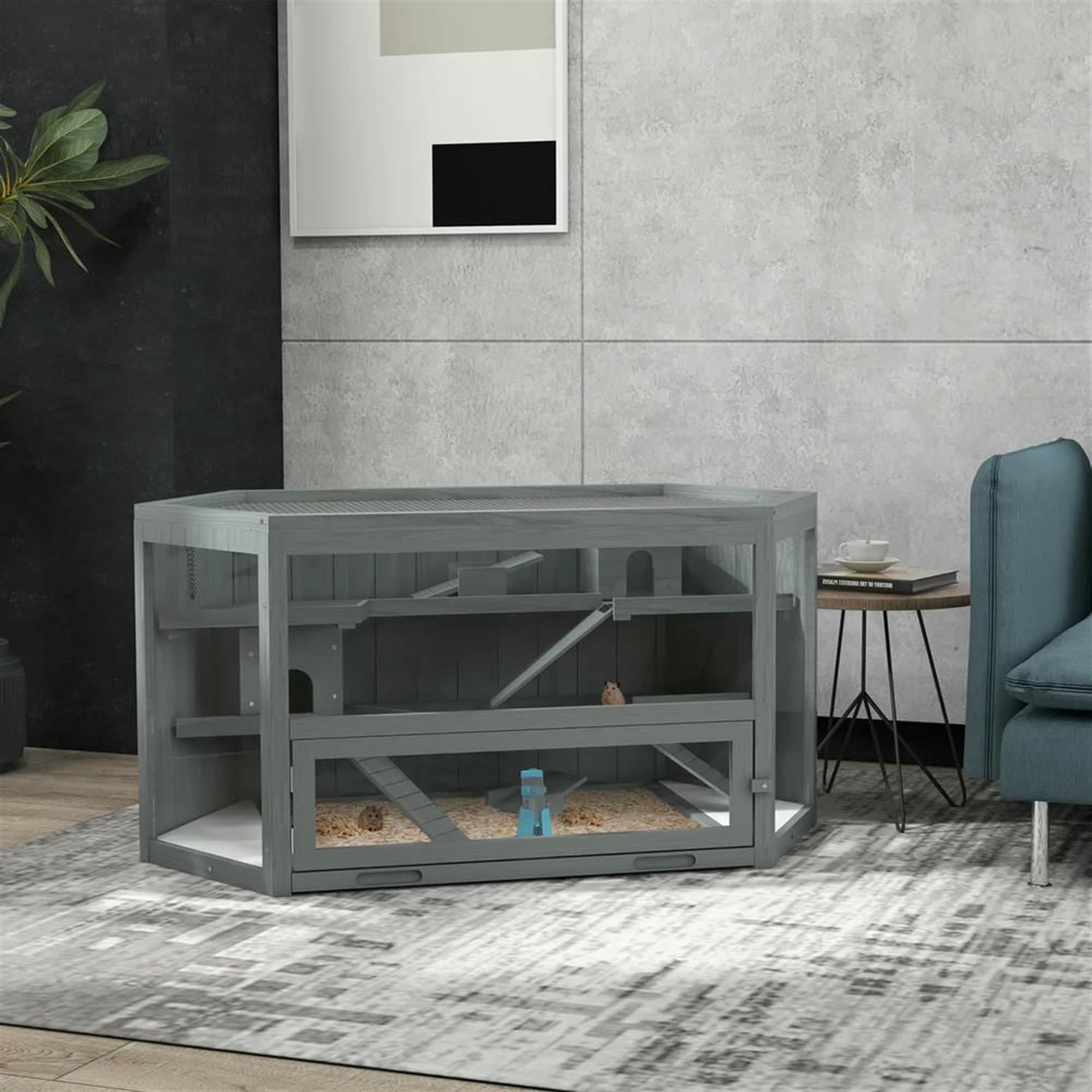 resenkos 45" Wooden Hamster Cage with Tray, Seesaws, Water Bottle, Activity Center, Large Small Animal Habitats for Guinea Pig Cages, Gray