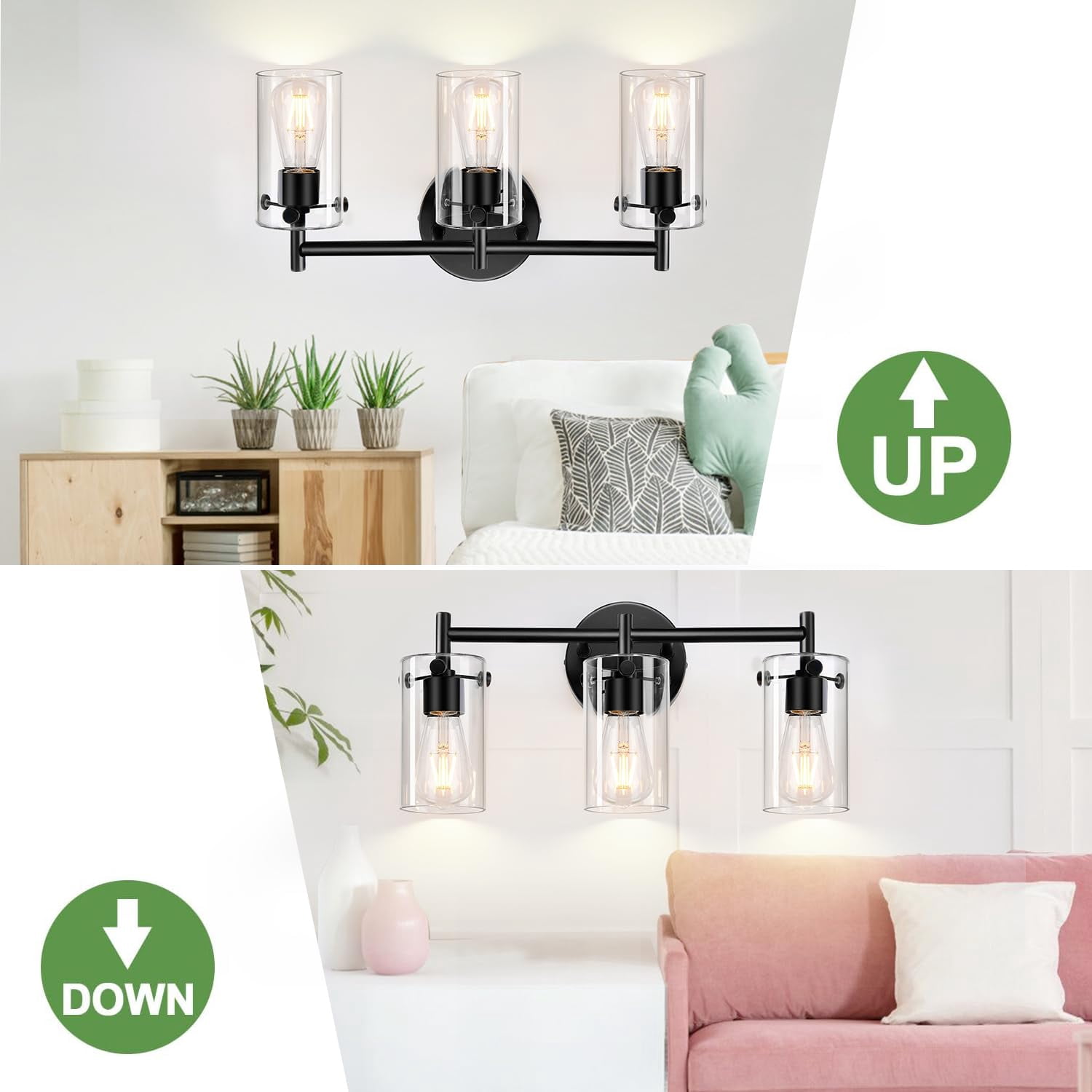Binsuca Bathroom Light Fixtures, 3-Light Matte Black Bathroom Vanity Light, Black Bathroom Lights Over Mirror with Clear Glass Shade, Bathroom Wall Sconces for Mirror Bedroom Living Room Hallway