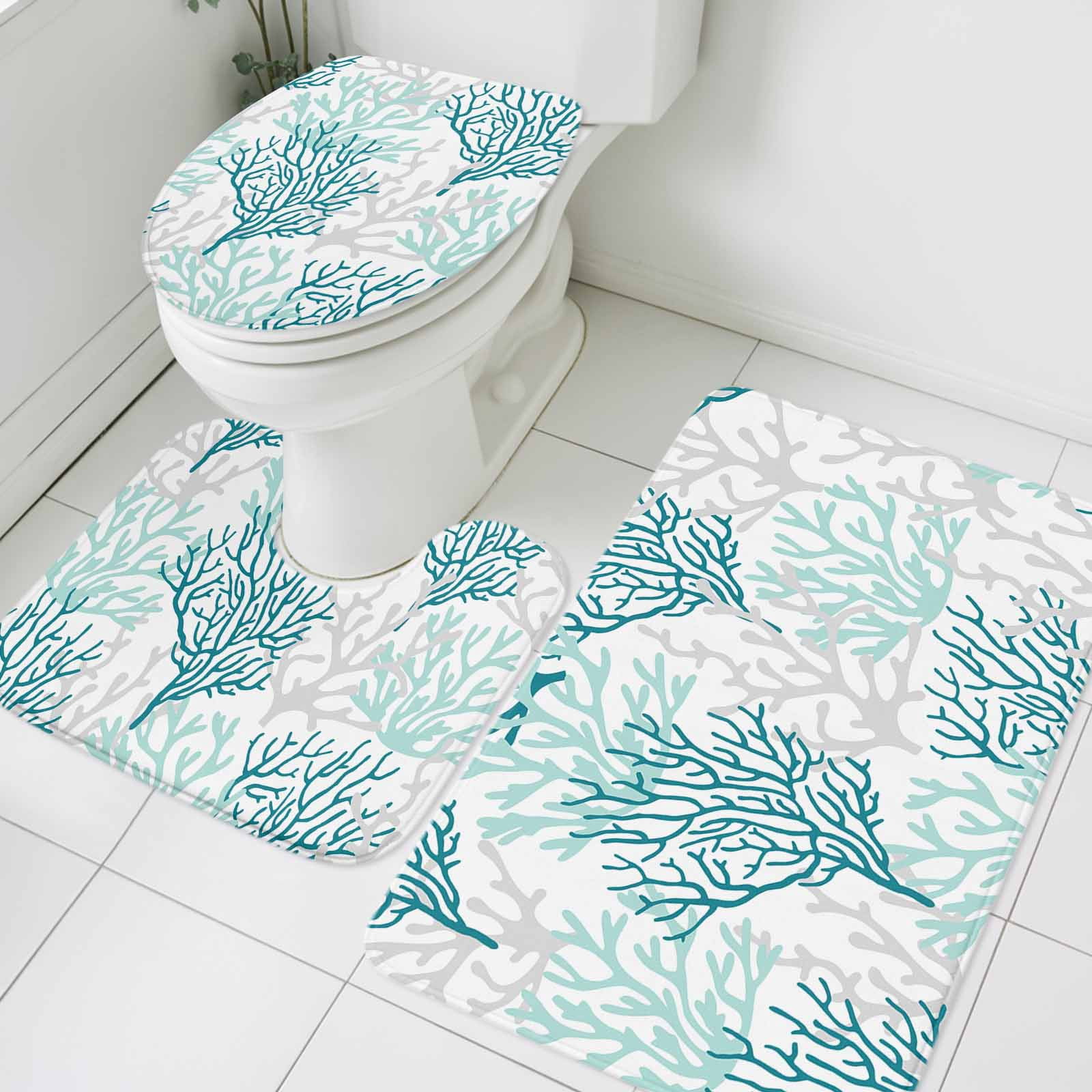 Teal Grey Coral Coastal Bath Mat 3 Piece Bathroom Rug Set, Summer Beach Seaside Nautical Non Slip Bath Rug Contour Mat and Toilet Lid Cover, Absorbent Shower Mats Soft Bath Rugs and Mats Sets