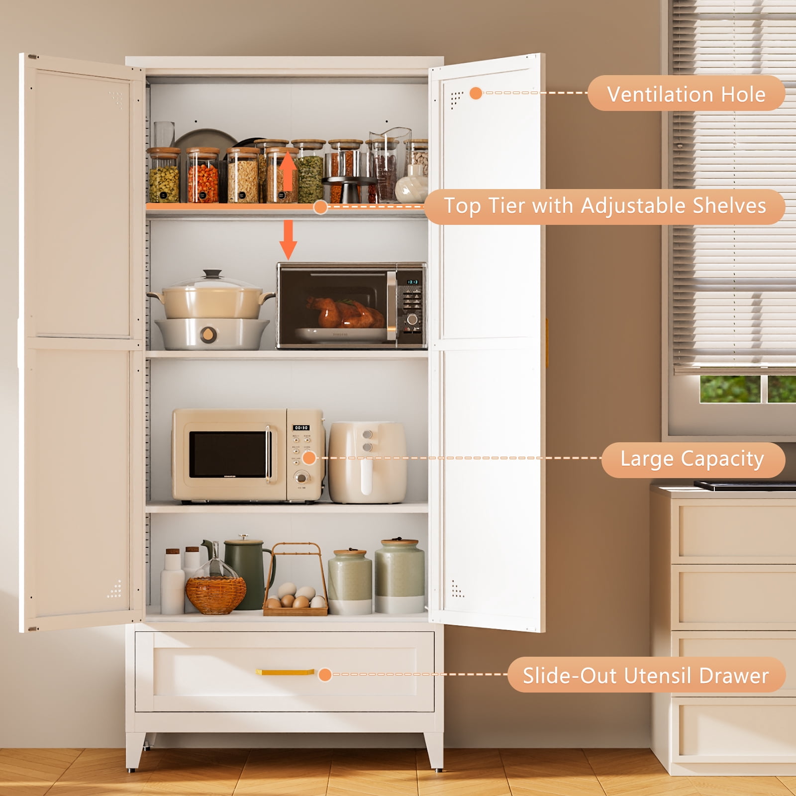 JHYKFG 71" Tall Metal Storage Cabinets,4-Tier Kitchen Pantry Cabinet with 2 Doors and 1 Drawer for Dining Room,Living Room,Hallway,Bathroom,White