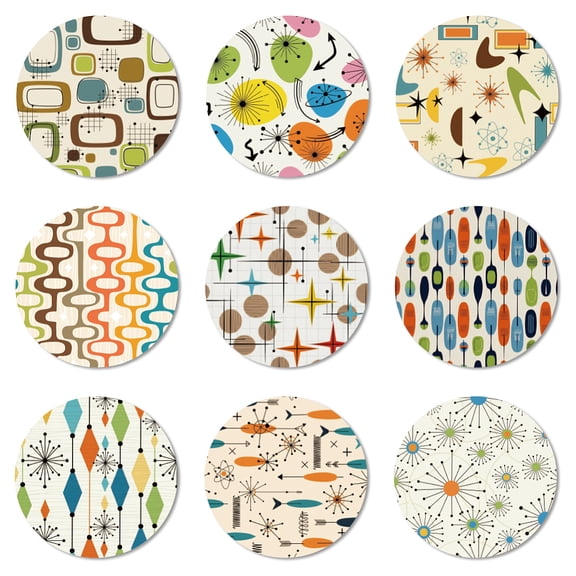 Coasters Set of 9 Mid Century Modern Style Pattern Colorful Wooden Coasters Bulk Round Housewarming Gift