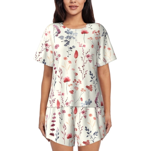 Balery Wildflower Watercolor 3 Conjunto de Pijama para Mujer con Estampado, Dos Piezas de Manga Corta y Shorts, Ropa de Dormir Suave con Cuello Redondo y Bolsillos-4X-Large