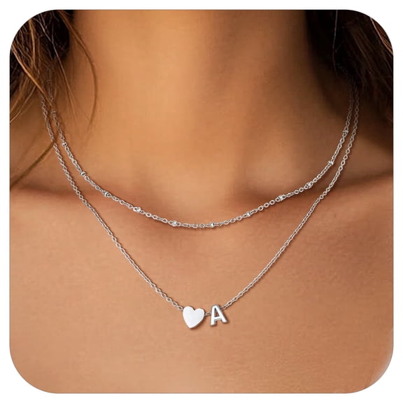Suplight Women Necklace Initial A Heart Choker 316L Stainless Steel Double Layered Chain for Women