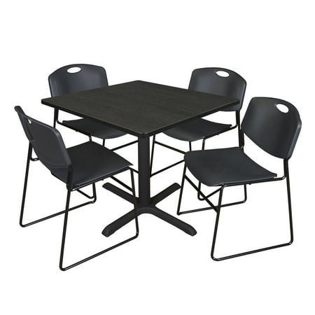 UPC: 0192357141960 | Regency Cain 36 in. Square Breakroom Table- Ash Grey & 4 Zeng Stack Chairs- Black