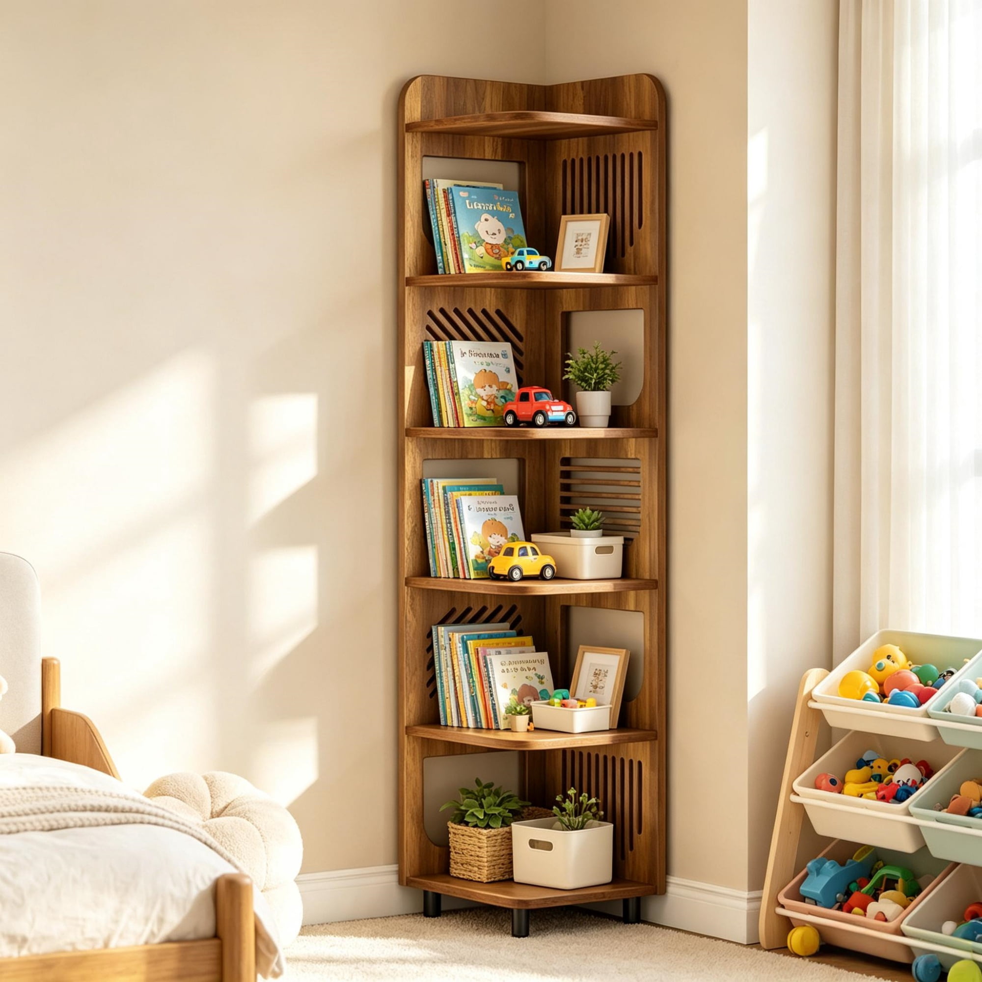 6 Tier Tall Corner Shelf for Small Spaces, Narrow Display Bookcase