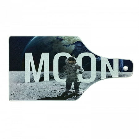 

Outer Space Cutting Board Moon Invasion of the Miniature Astronaut Stands on the Surface of World Image Tempered Glass Cutting and Serving Board Wine Bottle Shape Blue Grey by Ambesonne