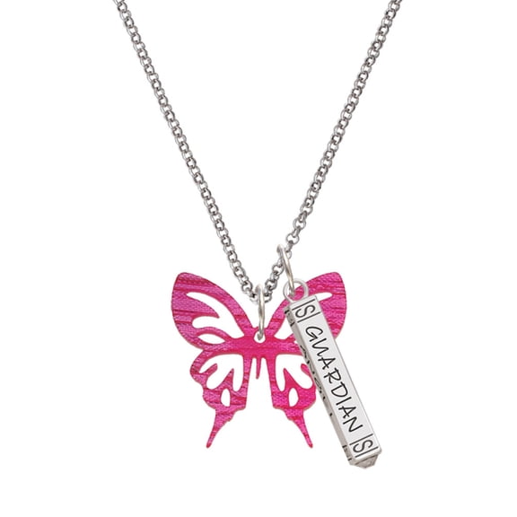 Delight Jewelry Acrylic Medium Cut Out Butterfly Magenta Silvertone Guardian Angel Bar Charm Necklace, 23"