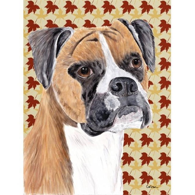 Carolines Treasures SC9230GF 15 x 15 In. Boxer Fall Leaves Portrait Flag- Garden Size